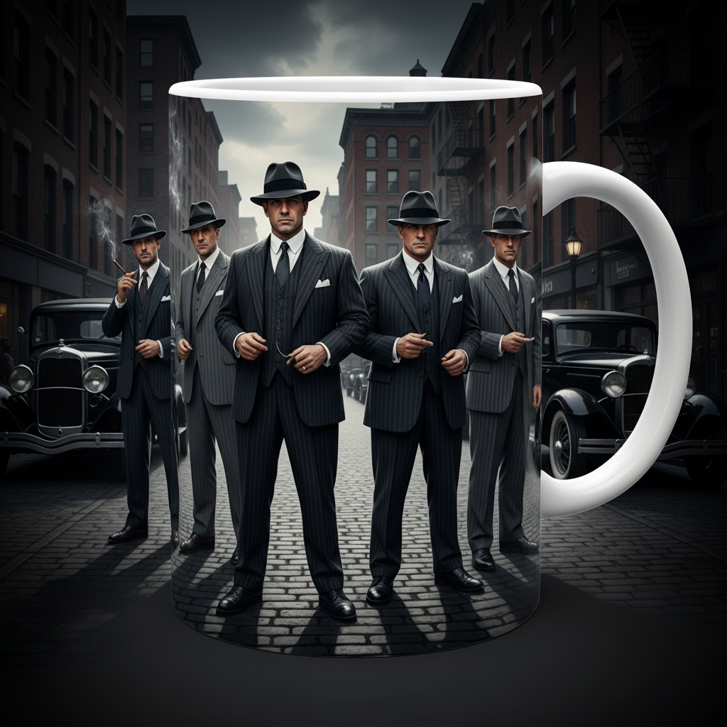Una taza futurística con mafiosos clasicos dentro de la taza. El fondo es ambientada en los 60 con dos coches de la época 