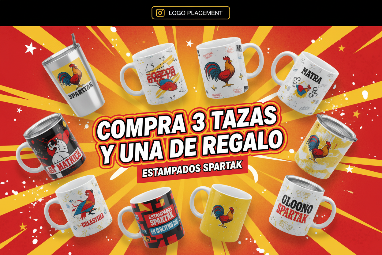 quiero un banner que tenga mi logo colores vivos como rojo y amarillo algunas fotos de mis productos y una oferta: COMPRA 3 TAZAS Y UNA DE REGALO.
